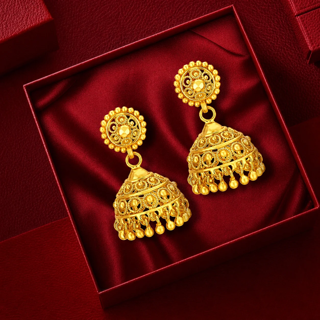 Bridal gold jhumka earrings presented in a maroon jewellery box