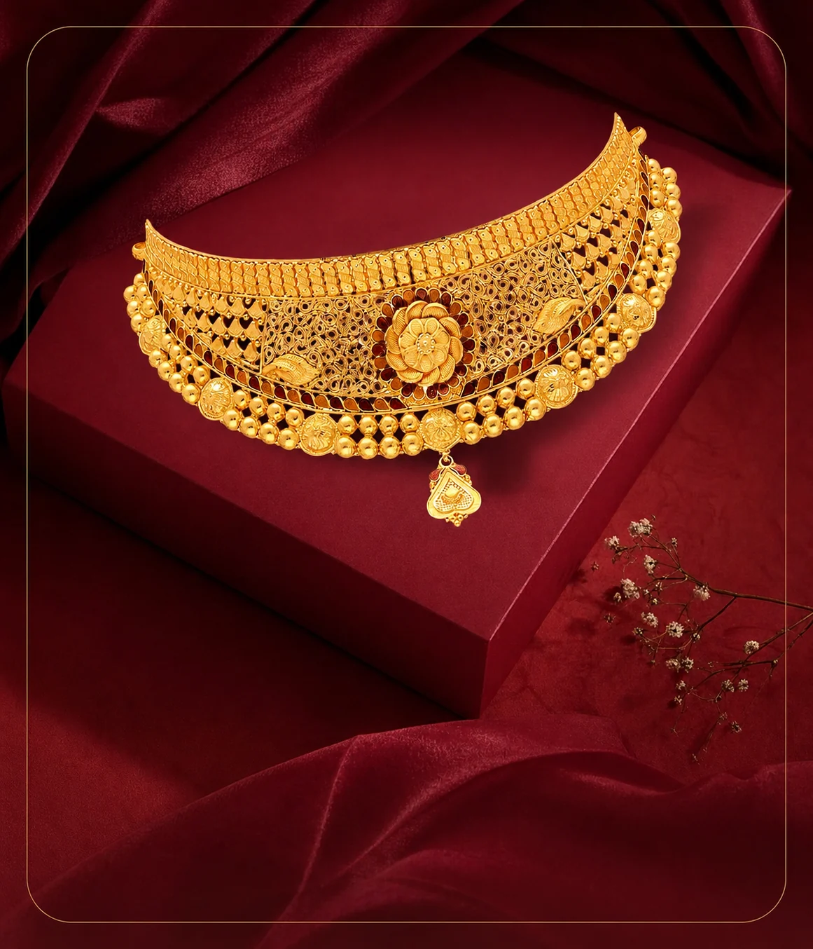 Intricately carved gold choker necklace displayed on a maroon velvet box