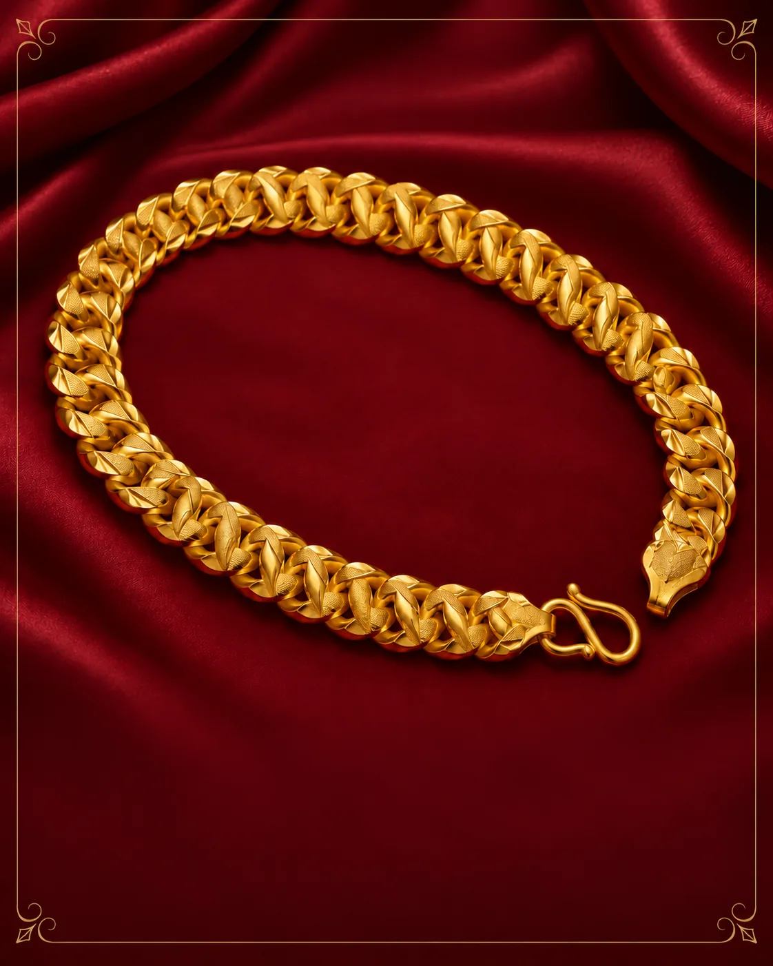 Men's gold bracelet of densely woven links with leaf-cut texturing, engraved tapered end caps and an S-hook clasp