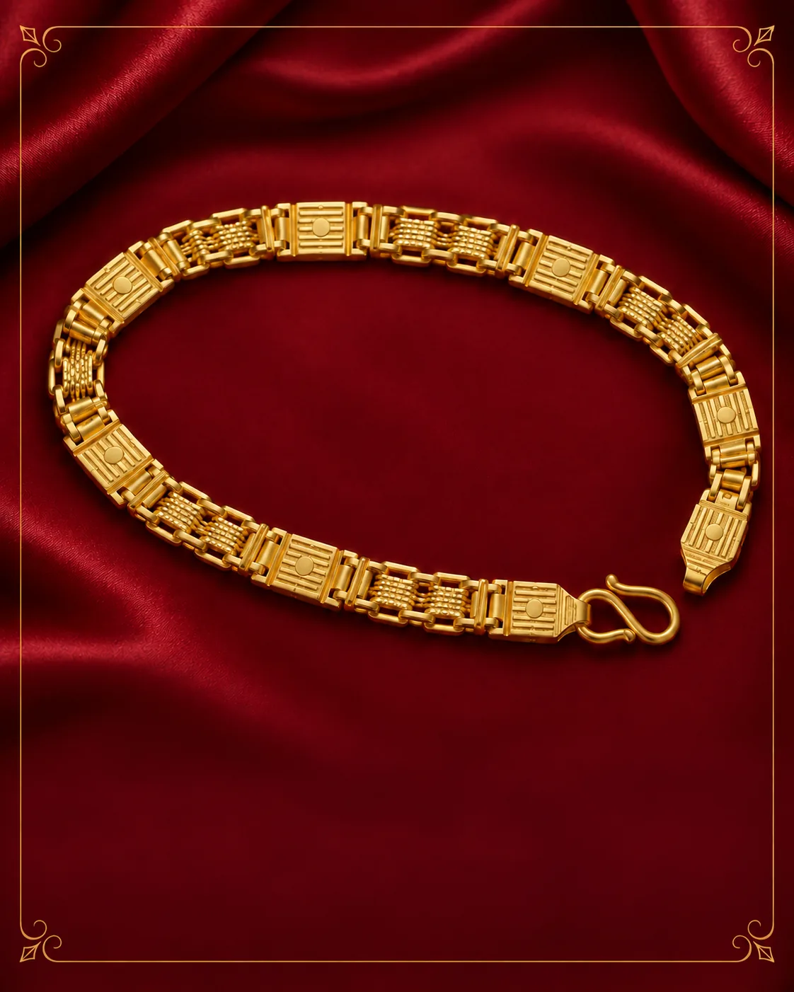 Men's gold bracelet of rectangular ribbed panels with round centre studs, linked into a flat band with an S-hook clasp