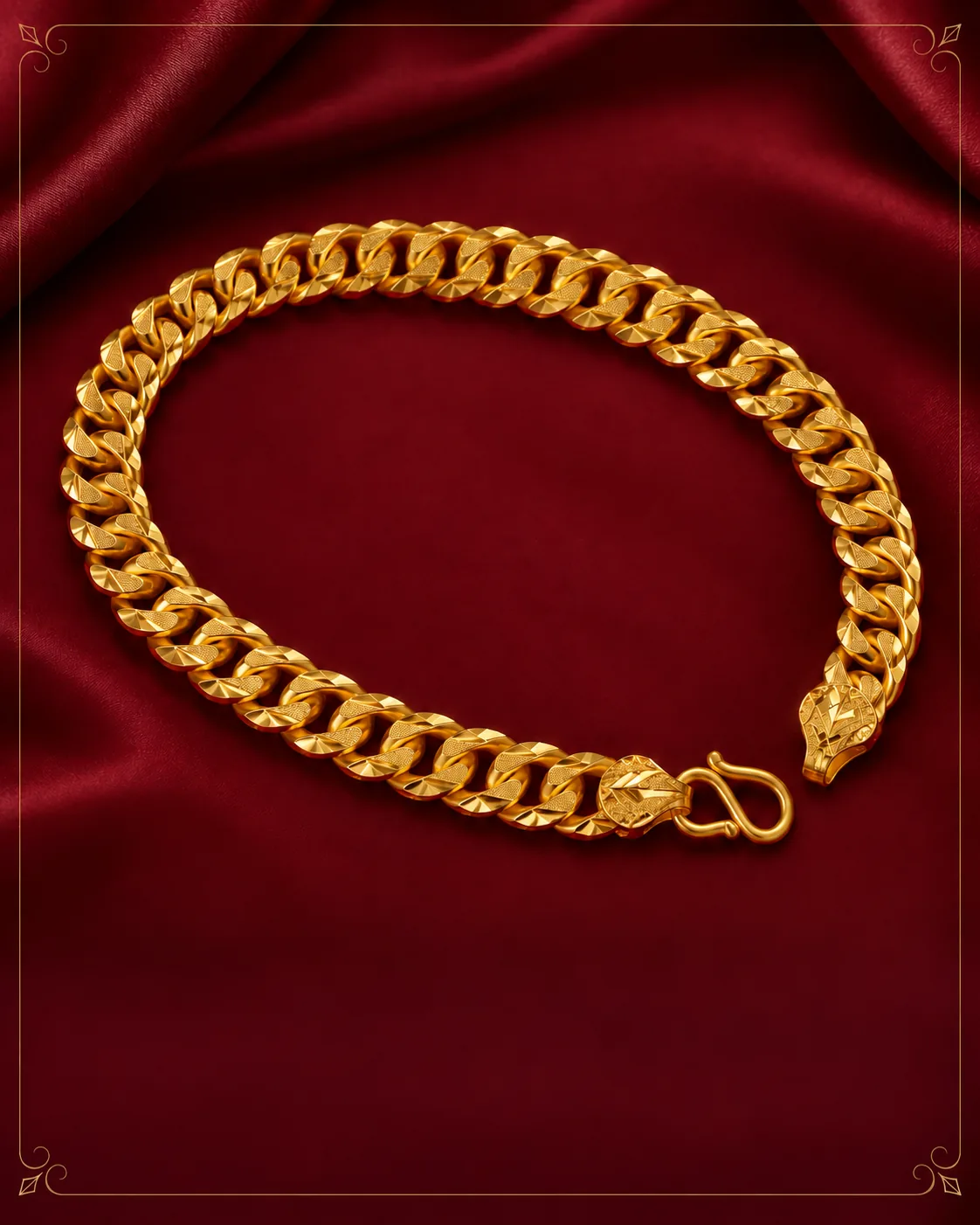 Heavy men's gold curb-link bracelet with diamond-cut faceted links, an engraved end cap and an S-hook clasp